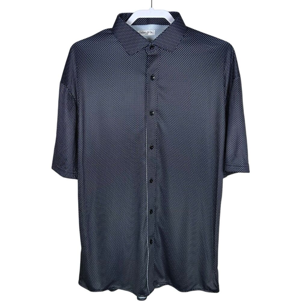 Collars & Co Polo Dress Shirt Mens Large Navy Blue Polka Dot Quattro Flex NEW